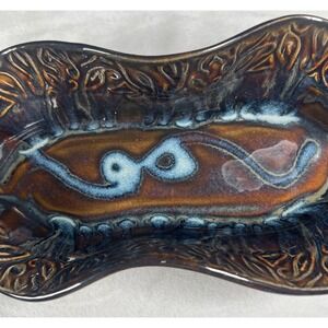 Hilborn Pottery‎ Studio Art Ceramic Wavy Serving Tray Blue Brown Glaze Signed
